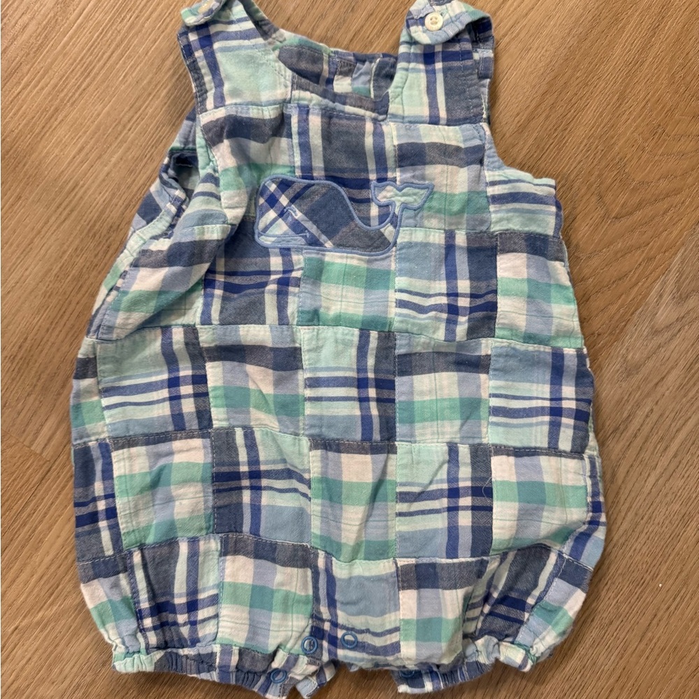 Vineyard Vines, boys Plaid Baby Romper with Whale Design